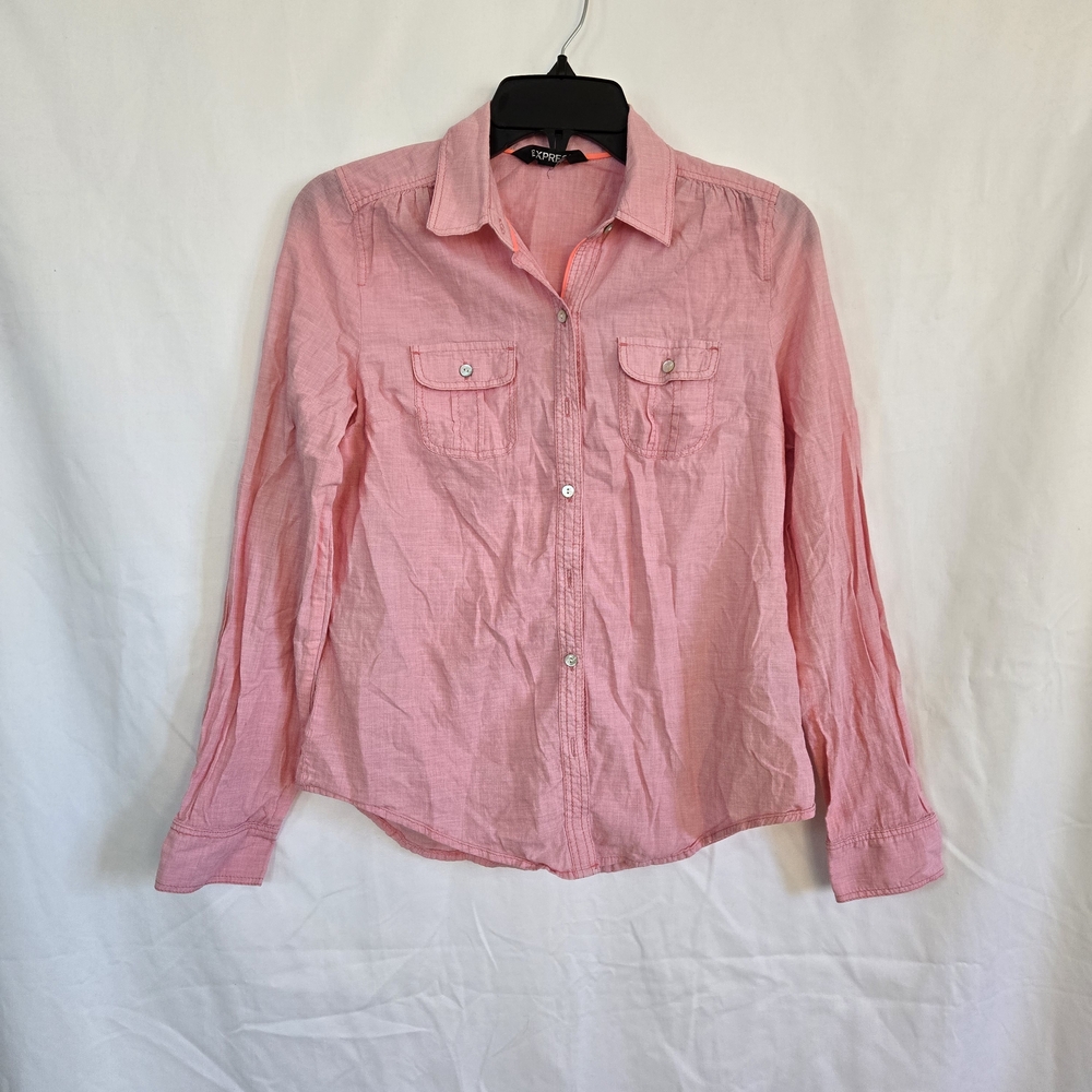 Express Women's Pink Long Sleeve Career Cotton Preppy Button-Up Shirt Small